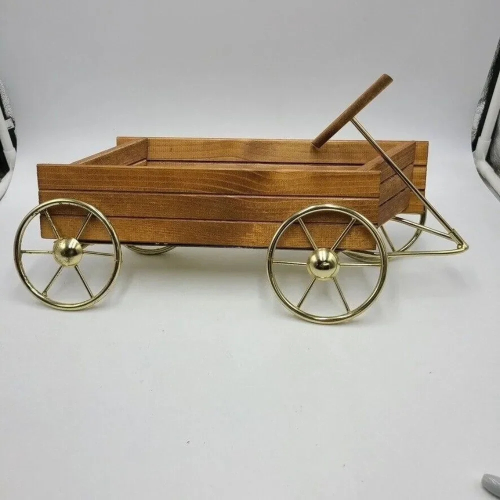 Vintage Homco 1318 Wood Wagon Brass Wheels Wall Hanging Centerpiece New